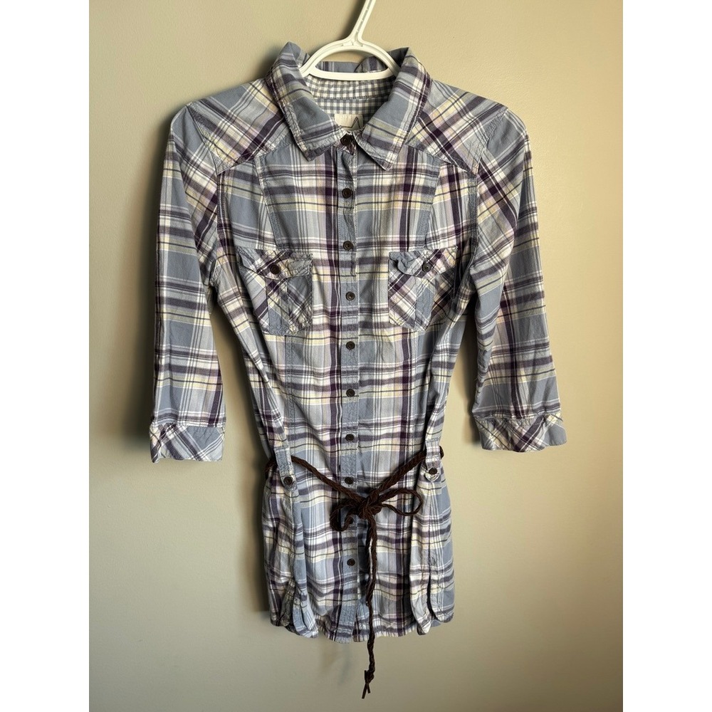 Garage Womens Blue Plaid Belted Button Up Shirt Dress M Grunge Indie Boho